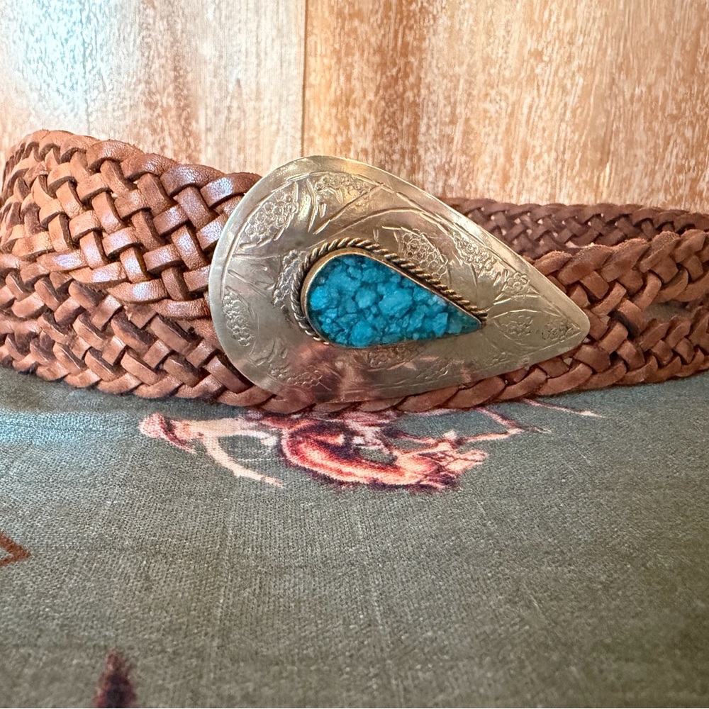Braided Brown Belt with Silver and Turquoise Buckle - Picture 2 of 4